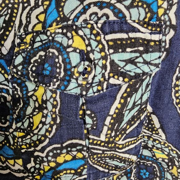 Charter Club Women Top Sz 16 Blue Floral 100% Linen Long Roll Tab Button Pocket - Picture 7 of 12